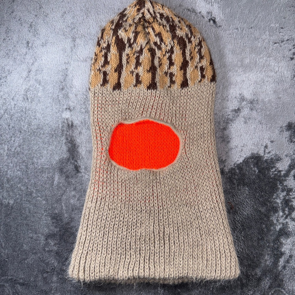 Handmade Reversible Knit Balaclava Face Mask Tan Brown Pattern Neon Orange‎ Camo